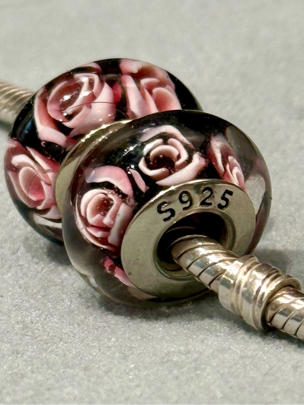Black Murano charms set with Pink Rose design fit Pandora bracelets - Picture 4 of 4